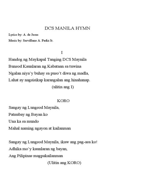 dcs hymn|DCS Manila Hymn – F.R. Hernandez and Sevillano A..